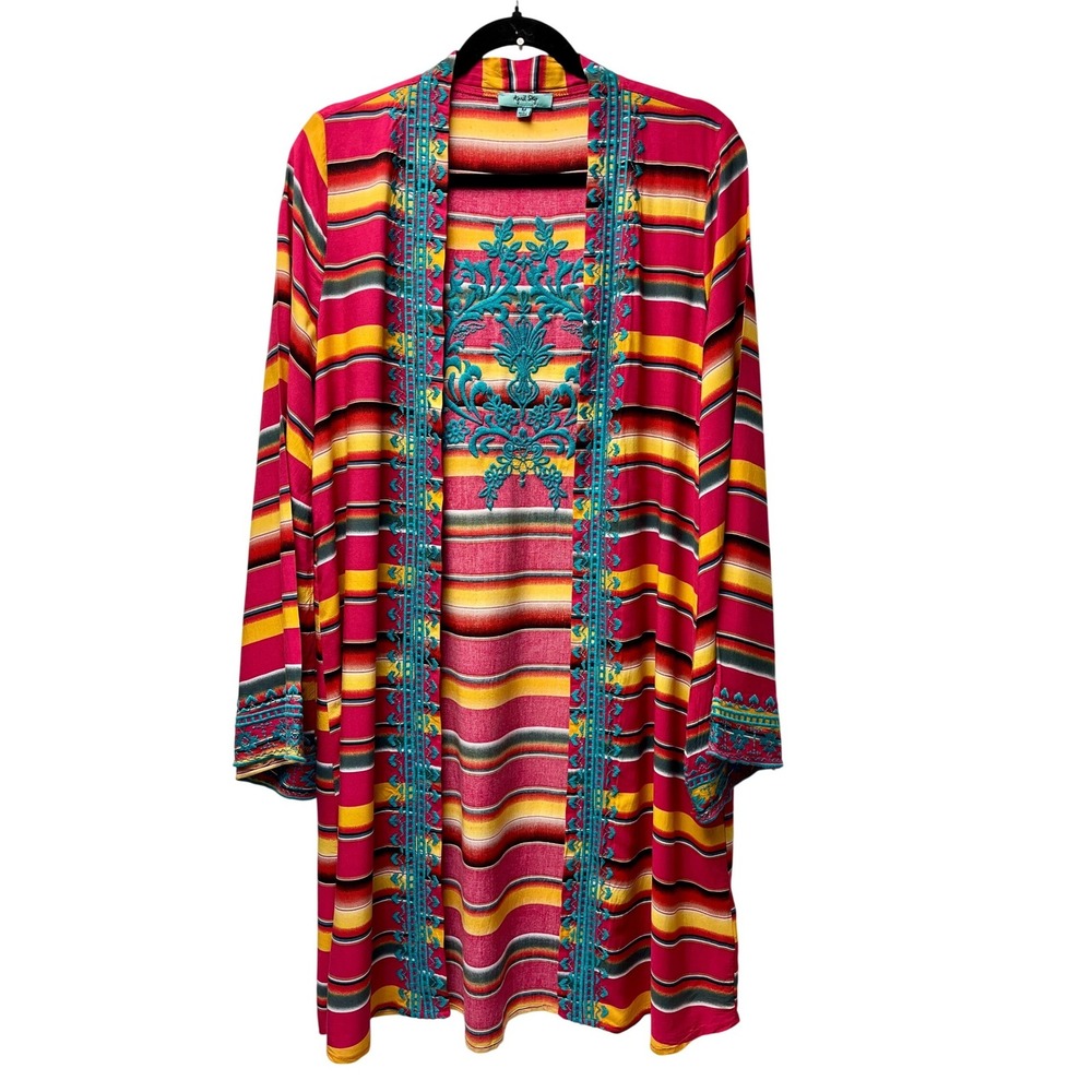 April Sky Duster Cardigan M Serape Stripe Embroidered Boho Festival Ren Faire
